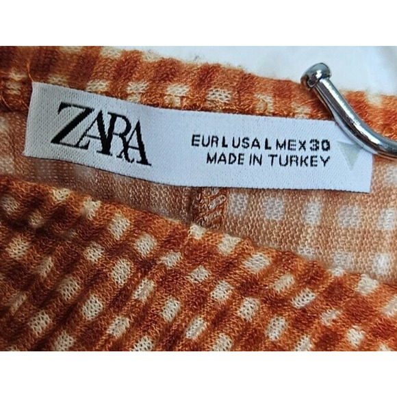 Zara Women Midi Straight Skirt Large Orange Gingham Ruched High Slit Stretch - Picture 6 of 10